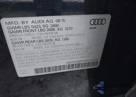 2016 Audi Q5 2.0T Premium z USA, uszkodzony, nr VIN WA1C2AFP7GA014414